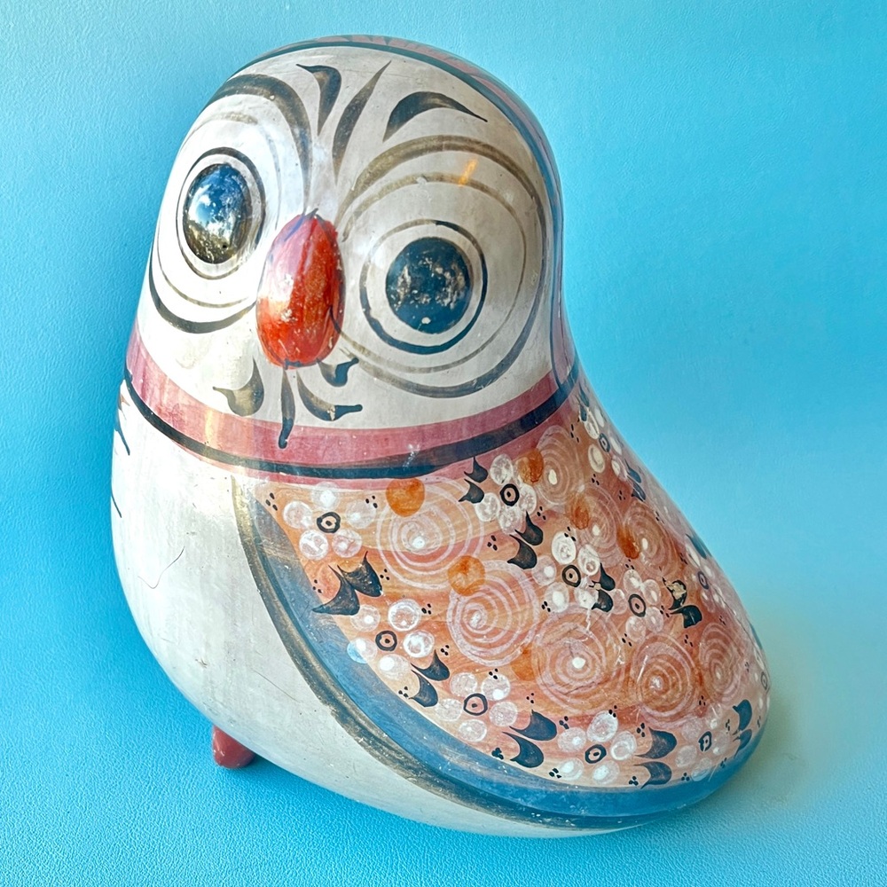 LARGE Tonala Owl Mexican Pottery Ceramic Owl Figurine Sculpture 70s Boho Decor